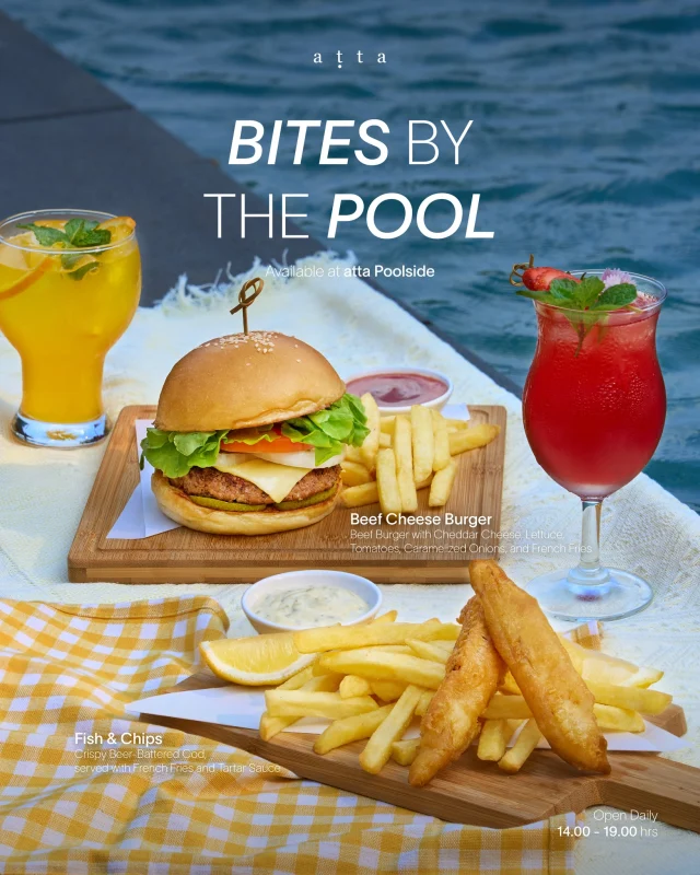 Bites by the Pool - Summer cravings are fully loaded ☀️🍕🍔 

Enjoy a tasty selection from Pizza Paradise featuring Margherita and Hawaiian pizzas, perfectly baked and made for sharing, along with a juicy Beef Cheese Burger layered with melted cheese and fresh ingredients🌴

Complete your meal with crispy Fish & Chips—golden, crunchy in every bite. Every dish is made to satisfy your cravings while you chill by the atta pool 💦✨ 

Summer menus 
• Pizza Paradise (Margherita & Hawaiian) 
• Beef Cheese Burger 
• Fish & Chips 
and more delicious bites to enjoy 

📍Available at atta Poolside 

🍸 Open Daily 14:00-19:00 hrs

📞 For reservations or more information 044-426-000

#attapoolside #Kirimayakhaoyai #drinkoftheday #refreshdrink #Summerlover #Bitesbythepool #happyhour #Mayabar