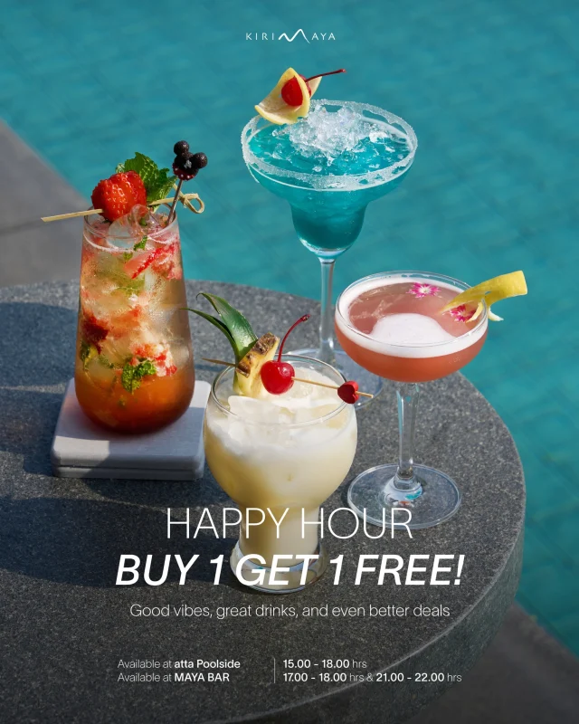 Happy Hour ! BUY 1 GET 1 FREE 🍹 

🍸Enjoy a vibrant selection of ice-cold cocktails and mocktails, perfectly mixed with fruity flavors and refreshing ingredients to keep you cool and relaxed under the summer sun

Cocktail & Mocktail menu 🌴
• atta Cocktail (Signature)
• Pina Colada
and more refreshing selections to enjoy 

📍Available at atta Poolside l Open Daily 15:00-18:00 hrs
📍Available at Maya Bar l Open Daily 17:00-18:00 hrs & 21:00-22:00 hrs

📞 For reservations or more information 044-426-000

#attapoolside #Kirimayakhaoyai #drinkoftheday #refreshdrink #Summerlover #Bitesbythepool #happyhour #Mayabar